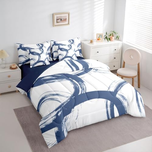 Erosebridal Blue and White 7 Piece Comforter Set Queen Abstract Line Ink Painting Bedding Set for Kids Boys Girls Simple Minimalist Graffiti Art Modern Geometric Sheet Set Boho Cool Unique Mens Quilt Erosebridal