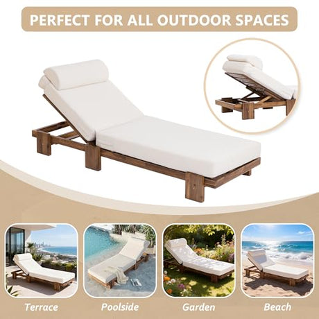 Acacia Wood Outdoor Patio Chaise Lounge Chair, All Weather Reclining Chairs Lounge Chairs with Adjustable Reclining Backrest and Cushions for Terrace, Poolside, Garden, and Beach (Beige-1.26) VilroCaz