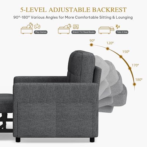 YITAHOME 55" Convertible Sofa Bed, 3-in-1 Sleeper Sofa with Iron Frame Pull-Out Bed, Linen Futon Couch with Reclining Backrest and Side Pocket, Modern Loveseat for Living Room Bedroom Apartment, Grey YITAHOME