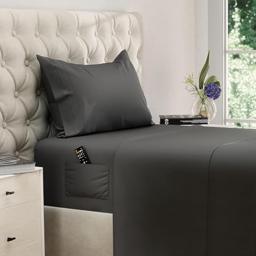 DREAMCARE Twin XL Sheet Sets – 3pcs Cooling Sheets – up to 21” Extra Deep Pocket Twin XL Sheets Set – Hotel Luxury Sheets & Pillowcases – Superior Softness 100% Fine Microfiber with Side Pocket – Gray DREAMCARE