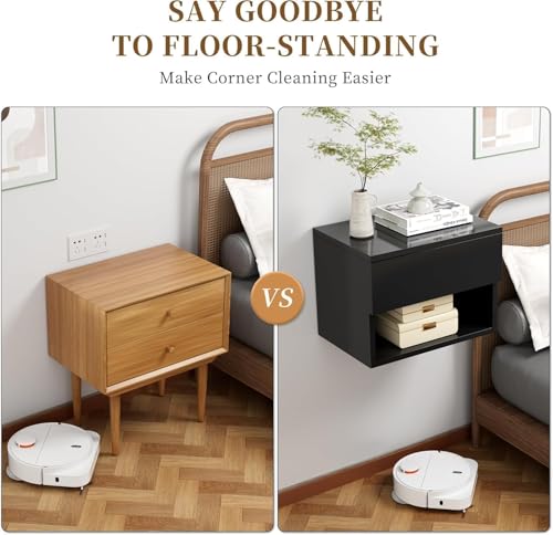 Floating Nightstand, Modern Wall Mounted Bedside Table with Drawer, Wood Bedside Shelf & Desk, End Table Wood Modern Night Stand for Bedroom (Black UI1, Set of 2) Kiseely