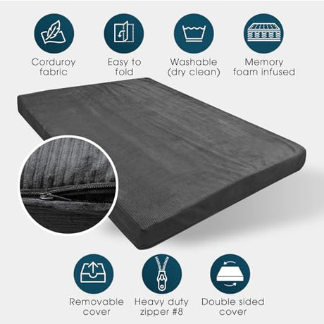 Foamma Memory Foam Futon Mattress, Double-Sided Foldout Couch Futon Mattress, 6" x 54" x 74" Full Size (Charcoal), Corduroy Fabric - Heavy Duty Sofa Bed, Thick Corded Cushion (Frame NOT Included) Foamma