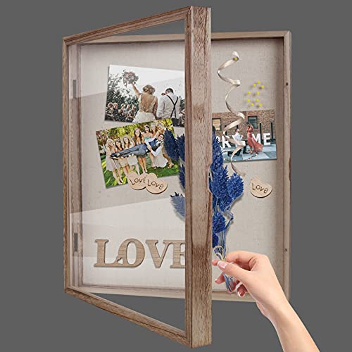 Shadow Box 13x16 Display Linen Background and 8 Stick Pins Solid Wood Memory Box Display Case for Photo,Sports Memorabilia, Awards, Medals and HPJAPRIL