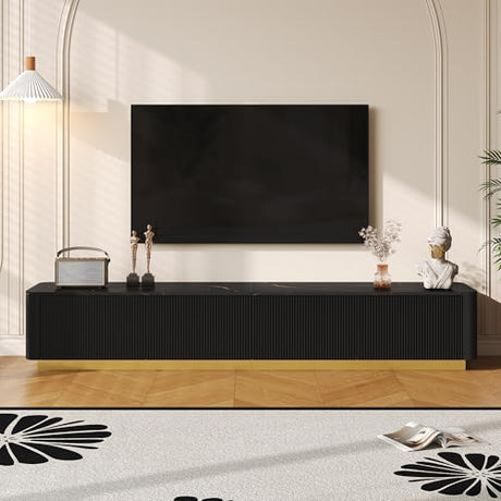 Fluted TV Stand for TVs Up to 85", Modern Entertainment Center with Drawers and Gold Base, Curved Profile TV Media Console Table with Faux Marble Tabletop for Living Room, Bedroom (Black) BEDGJH