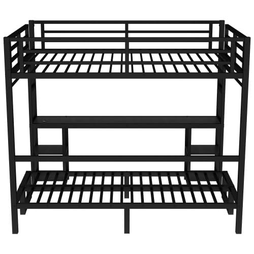 JIJIWANG Queen Over Twin XL Bunk Bed with Desk and Charging Station Metal Loft Bed with Led Lights and Shelves Multiple Uses Folds into Sofa, Black JIJIWANG