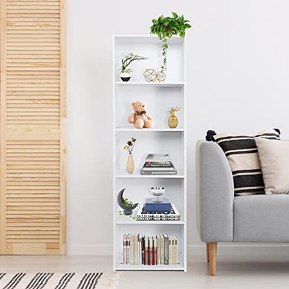 5-Tier Narrow Bookshelf – Freestanding Wood Cube Storage Shelf for Small Spaces, White - WoodArtSupply