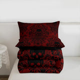 Feelyou Adults Gothic Skull Bedding Set Queen Size Kids Damask Print Comforter Goth Bohemian Duvet Breathable Soft Lightweight Microfiber Black Red Room Decor with 2 Pillowcases Feelyou