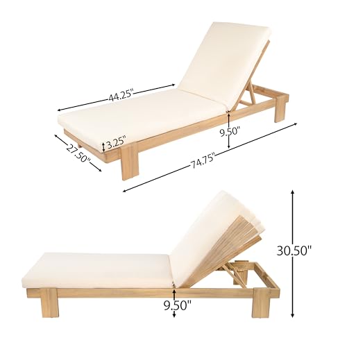Christopher Knight Home Duska Acacia Wood Chaise Lounge Chair Set of 2, Patio Outdoor Chaise Lounge with Cushions, Adjustable Backrest Single Lounge Sofa, Garden Poolside Backyard Seating, Teak+Beige