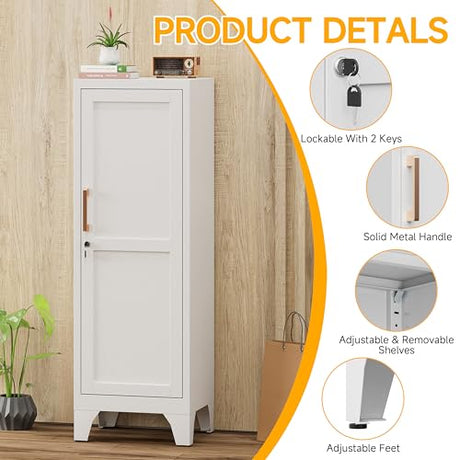 46"H White Metal Locker with 1 Lockable Door and 2 Adjustable Shelves For Employees,3 Tier Small Storage Cabinet with Detachable Legs and Vintage Handle for Kitchen, Office,School,Gym,Easy Assembly Firstsky