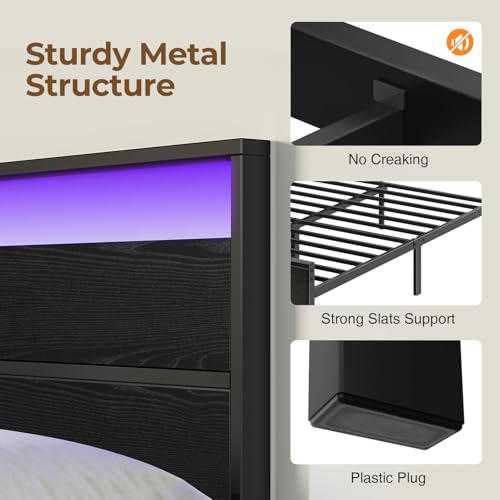 Rolanstar Bed Frame Twin Size with Charging Station, LED Twin Bed Frame with Wood Headboard, Platform Bed with Metal Slats & Under Bed Storage, No Box Spring Needed, Noise Free, Black Oak Rolanstar
