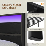 Rolanstar Bed Frame Twin Size with Charging Station, LED Twin Bed Frame with Wood Headboard, Platform Bed with Metal Slats & Under Bed Storage, No Box Spring Needed, Noise Free, Black Oak Rolanstar