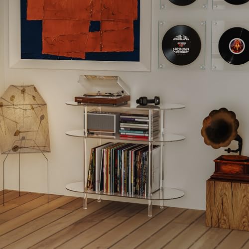 HMYHUM Acrylic Record Player Stand with Vinyl Storage, 35.4" L x 15.7" W x 30.1" H, Large Turntable Stand Table Holds Up to 200 Albums, 3-Tier Clear Vinyl Record Holder for Living Room, Bedroom HMYHUM