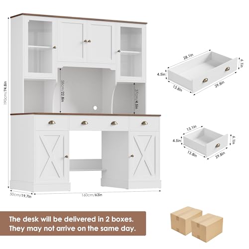Keyluv 75" Executive Desk with Hutch and Drawers, Computer Desk with Glass Door and Storage Cabinet, 63" W Large Farmhouse Workstation for Home Office Study Writing Gaming Table, White Keyluv