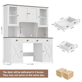 Keyluv 75" Executive Desk with Hutch and Drawers, Computer Desk with Glass Door and Storage Cabinet, 63" W Large Farmhouse Workstation for Home Office Study Writing Gaming Table, White Keyluv