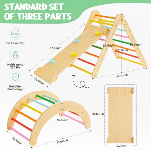 Beright 5 In1 Pikler Triangle Gym, Foldable Climbing Triangle Ladder Toys with Ramp, Indoor Climbing Toys for Kids, Play Gym, Arch Climber, Rocker, Learning Waldorf Children Toy Structure, Rainbow