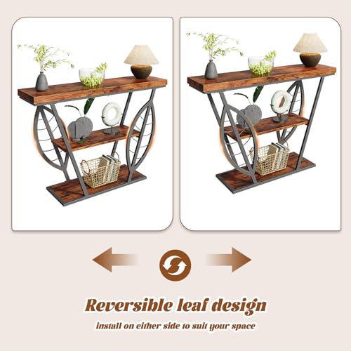 HavenlyYouth Leaf Design Console Table for Entryway, 3-Tier Storage, 30mm Thick Rustic Brown Industrial Metal Frame, Easy-to-Assemble Narrow Accent Table, Space-Saving for Hallway, Entrance, Foyer HavenlyYouth