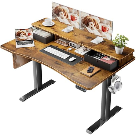 Veken 47.2"×27.6" Standing Desk with Storage Drawers, Adjustable Height Computer Table with Monitor Shelf, Home Office Desk for Study, Gaming, Workstation, Brown Veken