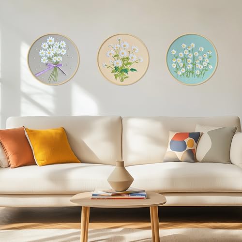 KEKEMEOW 3 Sets Embroidery Kit for Beginners, Stitches with Wild Flower Patterns, DIY Cross Stitch Kits for Adults, Needlepoint Hand Embroidery Kit with Stamped Pattern、Instruction、Hoop