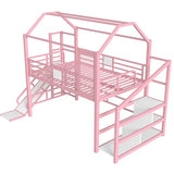 Bellemave House Loft Bed Full Size, Full Size Loft Bed with Storage Stairs and Open Wardrobe, Heavy Duty Loft Beds with Slide for Girls, Boys, Noise-Free Design Pink Bellemave