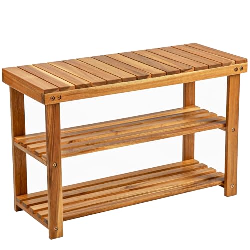 BEEFURNI Acacia Shoe Rack Bench, 3-Tier Sturdy Shoe Storage Bench, Wooden Footwear Organizer, 300 LBS Load Capacity, Perfect for Closet Entryway Bathroom, 1-Year Manufacturer Warranty, Natural Acacia BEEFURNI
