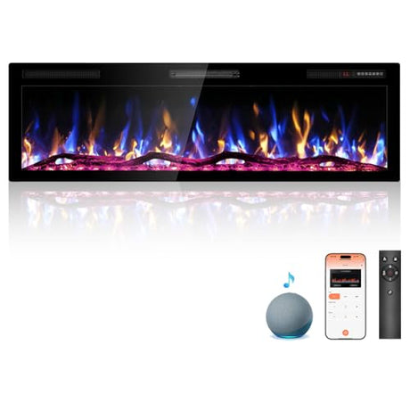 Kucreiheat 60" WiFi Electric Fireplace with Crackling Sound, Smart Linear Fire Place for Living Room, Recessed & Wall Mount Heater, 750/1500W, App & Remote Control, Timer, Log Flame Kucreiheat