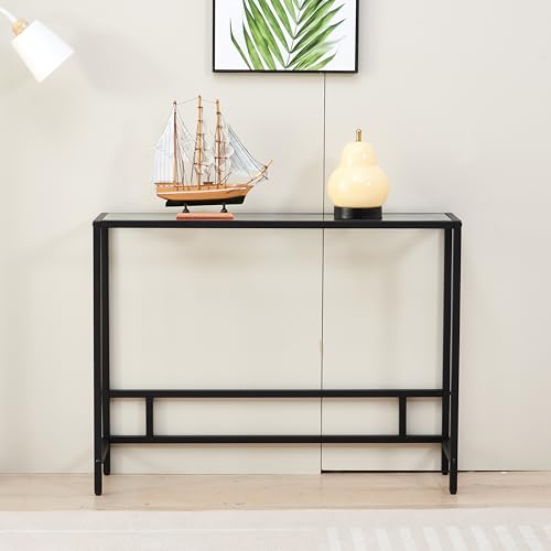 MAJARO Small Modern Console Table for Entryway, Tempered Glass with Metal Frame Sofa Table for Living Room, Hallway, Office (Single-Layer, Black) MAJARO