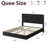 GarveeHome Queen Floating Bed Frame with LED Lights & Charging Station, Upholstered Platform Beds with Storage Headboard & Folding Shelves Storage, Metal Slats Support, No Box Spring Needed, Black GarveeHome