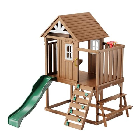 VEVOR Outdoor Wooden Playhouse, Modern Cedar Playhouse for Age 3-10 Years Kids, Garden Games Cottage, Country Style Cedar with Slide, Ladder, Climbing Wall, Windows, Picnic Table and Bench VEVOR
