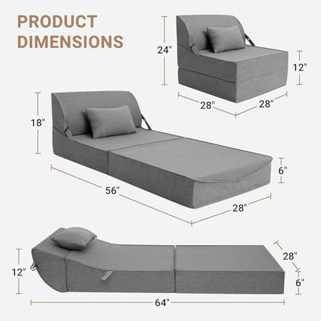 BeBen Folding Sofa Bed Chair, Convertible Sleeper Chair Futon Couch, Foldable Boneless Floor Lounger Sofa, Single Foam Chair Bed for Small Spaces, Dorm, Guest Room, Living Room, Apartment, Grey BeBen