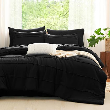 CozyLux Queen Comforter Set Black, 7 Pieces Soft Pinch Pleat Bed in a Bag Queen Comforter Set with Sheets, Boho Bed Set with Down Alternative Comforter, Sheets, Pillowcases & Shams CozyLux