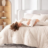 MUXHOMO 7 Pieces Full Comforter Set, Seersucker Bed in a Bag Full Size, All Season Luxury Bedding Set with Comforter, Flat Sheet, Fitted Sheet, Pillowcases & Shams, Beige MUXHOMO