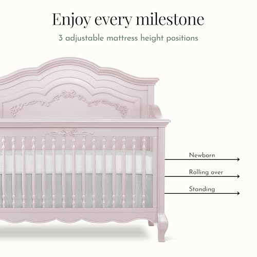 Evolur Aurora 5-in-1 Convertible Full-Size Baby Crib in Dusty Rose, GreenGuard Gold & JPMA, 3 Mattress Heights, Ribbon Bow Scrollwork & Queen Anne Feet, Converts to Toddler, Day & Full-Size Bed