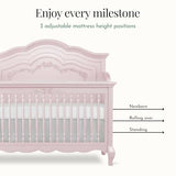 Evolur Aurora 5-in-1 Convertible Full-Size Baby Crib in Dusty Rose, GreenGuard Gold & JPMA, 3 Mattress Heights, Ribbon Bow Scrollwork & Queen Anne Feet, Converts to Toddler, Day & Full-Size Bed