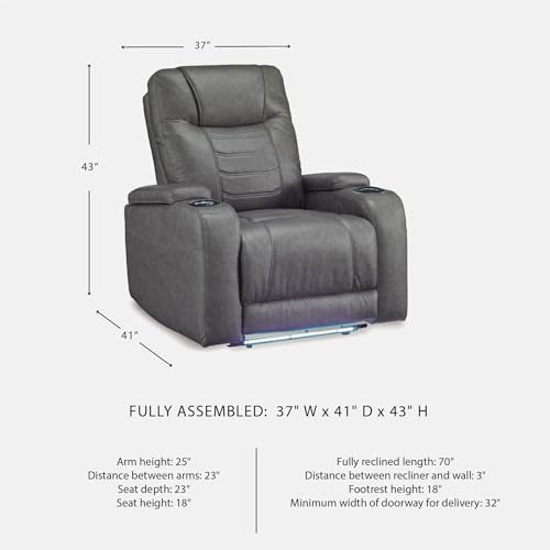 Signature Design by Ashley Schooner Rocks Power Recliner Chair, Faux Leather Upholstery with Adjustable Headrest, LED Cup Holders and Extended Ottoman for Home Theater Comfort