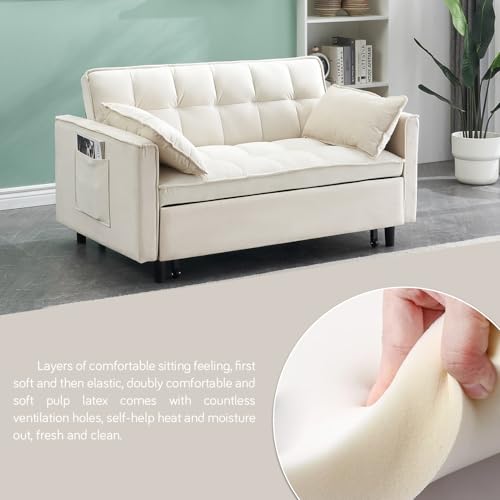3 in 1 Convertible Sleeper Sofa Bed, 55'' Full Size Corduroy Pull Out Futon Couch Recliner with Reclining Backrest & 2 Pillows, Small Loveseat Lounge Couches for Small Spaces (Beige) MWrouqfur