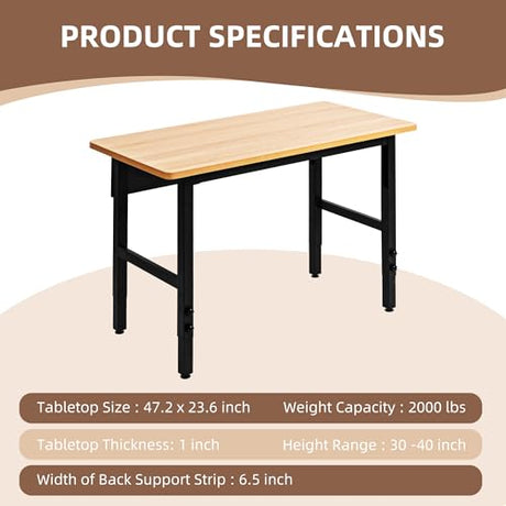 48" Adjustable Workbench, Work Table for Garage, 2000 LBS Capacity Hardwood Work Bench, Heavy Duty Table for Workshop, Office, Garage, Home spanspace