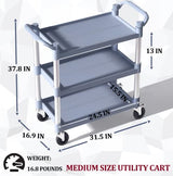 BRLJUNEO Plastic Utility Carts with Wheels, 3-Tier Medium Size Restaurant Food Cart, Heavy Duty 510lbs Capacity Rolling Service Cart w/Hammer for Commercial, Kitchen, Office (Lockable Wheels, M-Grey)