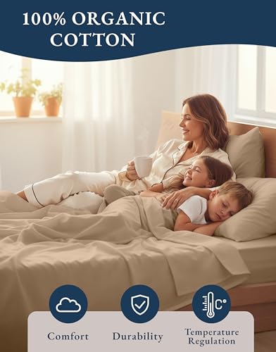 LANE LINEN 100% Organic Cotton Sheets Set, Long- Staple Percale Weave Ultra Soft Best- Bedding Sheets for Bed, GOTS Certified, Fits Mattress Upto 15inch Deep Pocket (King, Taupe) LANE LINEN