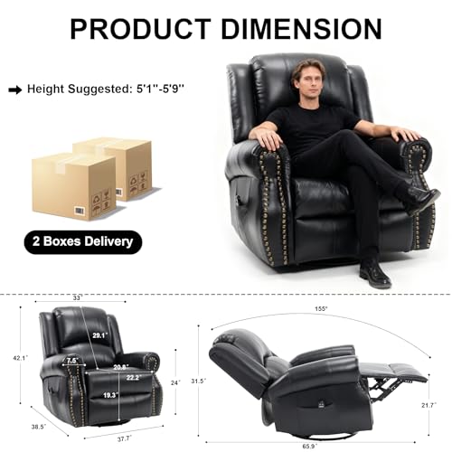 RHHVVR Classic Rivets Leather Power Recliner Chair for Living Rooms, Swivel Rocker Recliner Chair with Heat and Massage, Wall Hugger Glider Reclining Sofa for Small Spaces, Black RHHVVR
