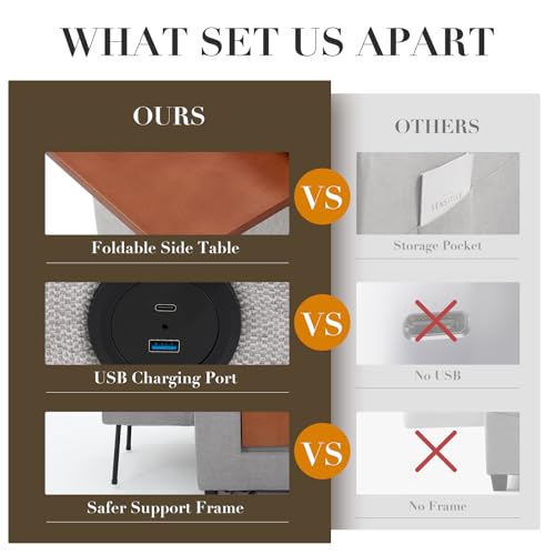 Convertible Sleeper Chair-Fabric Futon Sofa Bed, Single Sleeper Sofa, Small Couch Bed with USB Port, Foldable Table, Pillow, Adjustable Backrest for Dorm/Bedroom/College Lightgrey COLAMY