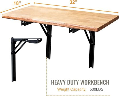 Wallmaster Wall Mounted Folding Workbench Heavy Duty Fold Down Table Utility Bench Solutions Laundry Shelf Wall Desk with Metal Shelf Bracket (32 x 18) - WoodArtSupply