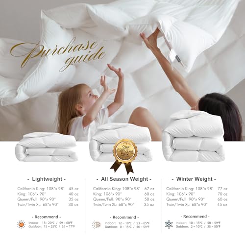 Royoliving Premium Feathers Down Duvet Insert Comforter Queen Size All Season Medium Warmth White 100% Cotton Cover with Corner Tabs (90x90, 50 oz) Royoliving