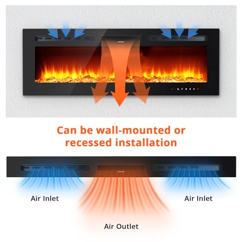 Takywep 50" Electric Fireplace Wall Mounted and Recessed with Remote Control, 750/1500W Ultra-Thin Wall Fireplace Heater W/Timer Adjustable Flame Color and Brightness, Log Set & Crystal Options Takywep