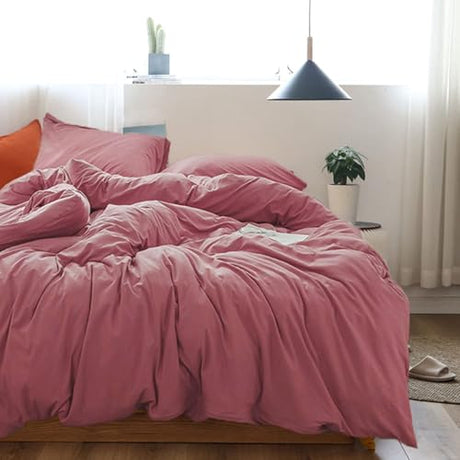 Sedefen Pink Duvet Cover Full Size Old Pink Mauve Bedding Set Soft Microfiber Minimalist Style Solid Color Comforter Cover with Zipper Corner Ties 3 Pcs for Men Women (No Comforter) Sedefen