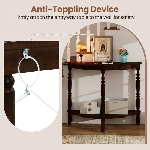 Giantex 42" Half Moon Console Table, 2-Tier Semi-Circle Entryway Table with Storage Shelf & Carved Rubber Wood Legs, Vintage Round Curved Sofa Tables for Living Room, Hallway, Entrance Giantex