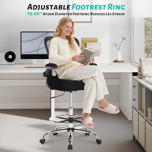 500LBS Ergonomic Drafting Chair Tall Office Chair for Counter Height or Standing Desk, Executive High Office Chairs with W-Shaped Thick Seat Cushion, Footrest Ring & Breathable Fabric, Black Sofetura