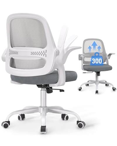 Ergonomic Mesh Office Chair for Home Office, Flip-Up Arms, Breathable Mesh Back & Thick Seat Cushion, Swivel Rolling Computer Desk Chair – BIFMA Certified, Supports 300 lbs (White Frame/Gray Seat) amseatec