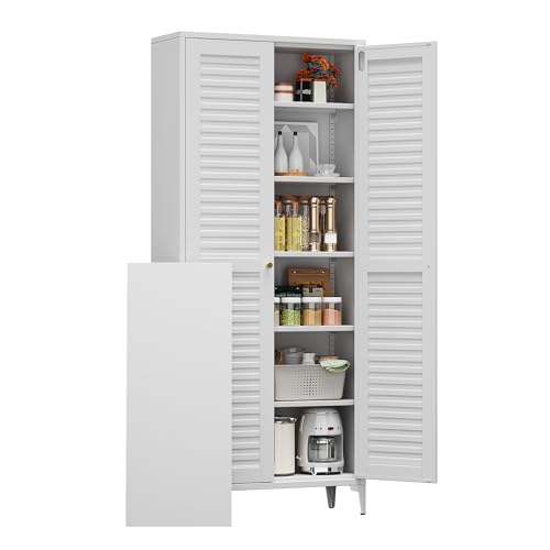 METALYEYE 74" H Kitchen Pantry Storage Cabinet, Metal Storage Cabinets with 5 Adjustable Shelves for Home, Kitchen, Living Room, Required Assembly, White METALYEYE