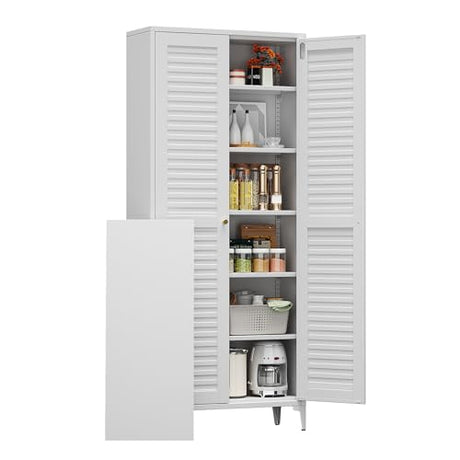 METALYEYE 74" H Kitchen Pantry Storage Cabinet, Metal Storage Cabinets with 5 Adjustable Shelves for Home, Kitchen, Living Room, Required Assembly, White METALYEYE