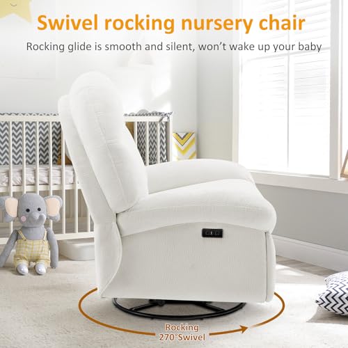 VANOMi Power Recliner Chair with USB & Type-C Charging, 270° Swivel Glider Rocker, Electric Nursery Recliner for Living Room, Bedroom, and Office, White